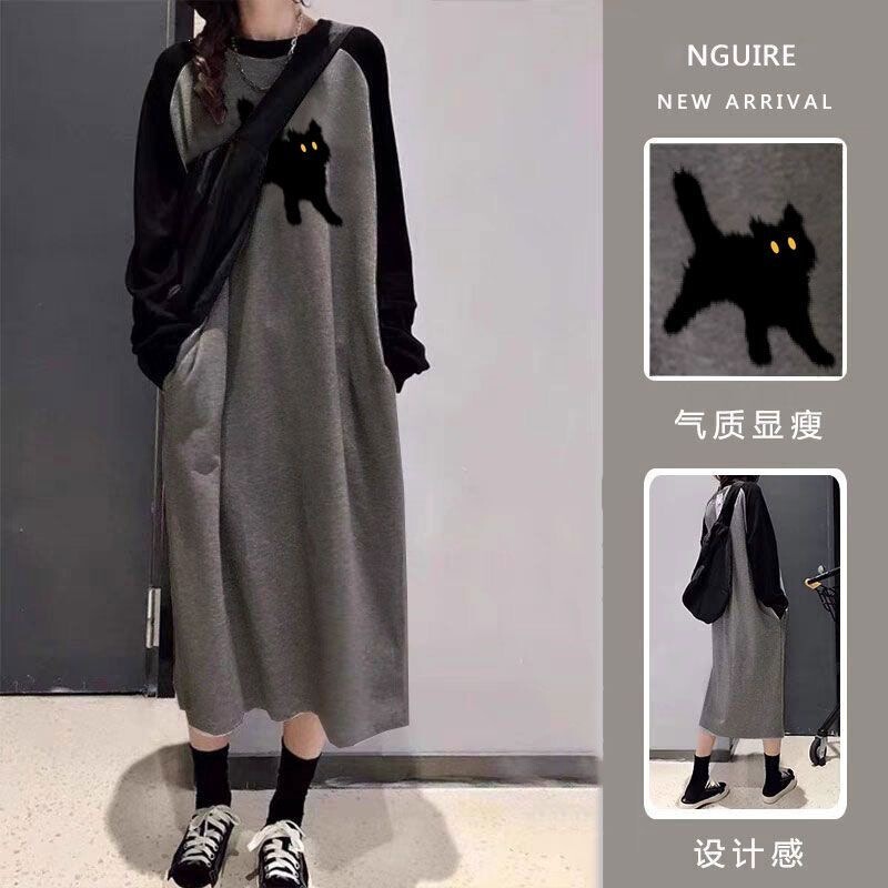 Long, warm, and thickened dress for spring and autumn, with fleece lining, designed to cover the stomach, long sleeves, Korean style, loose fit, suitable for wearing as an outer layer Long, warm, and thickened dress for spring and autumn, with fleece lining, designed to cover the stomach, long sleeves, Korean style, loose fit, suitable for wearing as an outer layer