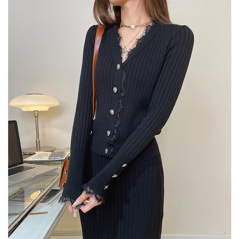 수플레_니트 수트 여성 가을 ??겨울 신작 브이넥 가디건 탑+스커트 투피스 세트