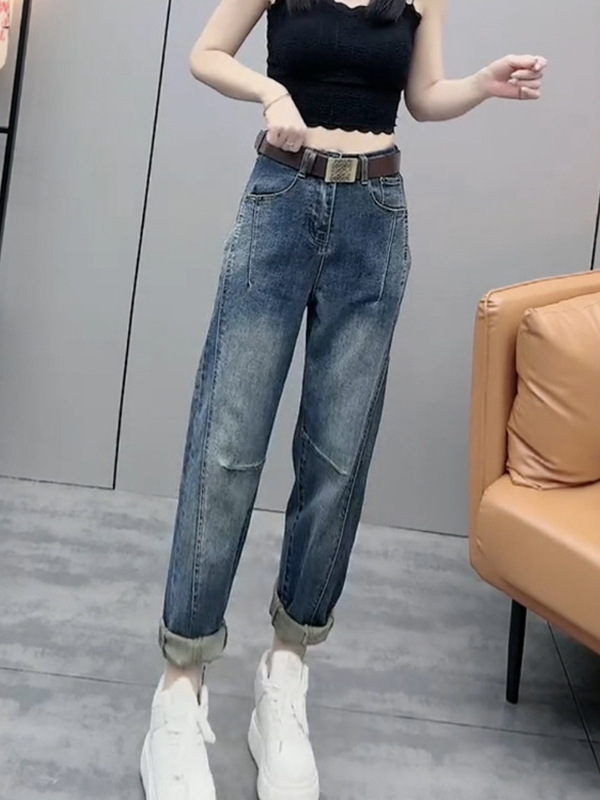 大码女装复古直筒九分牛仔裤女2025春季新款流行百搭显瘦哈伦裤子|undefined
