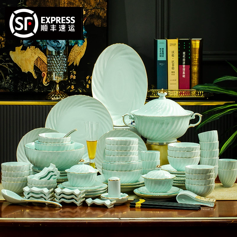 Qihuixuan Jingdezhen Gaobai Porcelain Tableware Set – Mint Green Bone China Bowls, 22–93 Pc