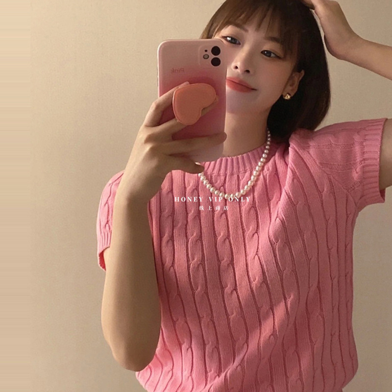 Ralph RL Embroidered Pony Mark Round Neck Twist Knitted Women's Short-sleeved Top Summer Short Slim-fit T-shirt