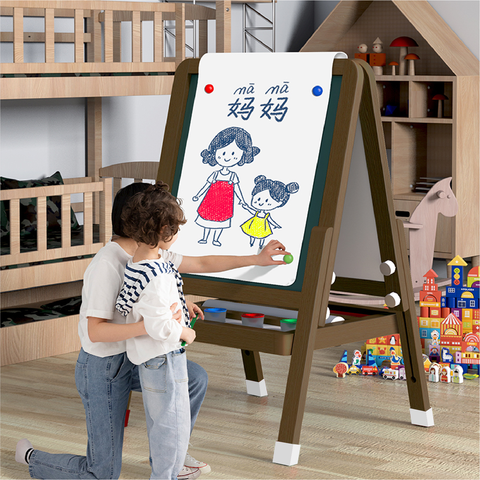 Qiaozhimu tablero de dibujo magnético de doble cara para niños y niñas se puede levantar pizarra doméstica estudiante tablero de dibujo de madera juguete