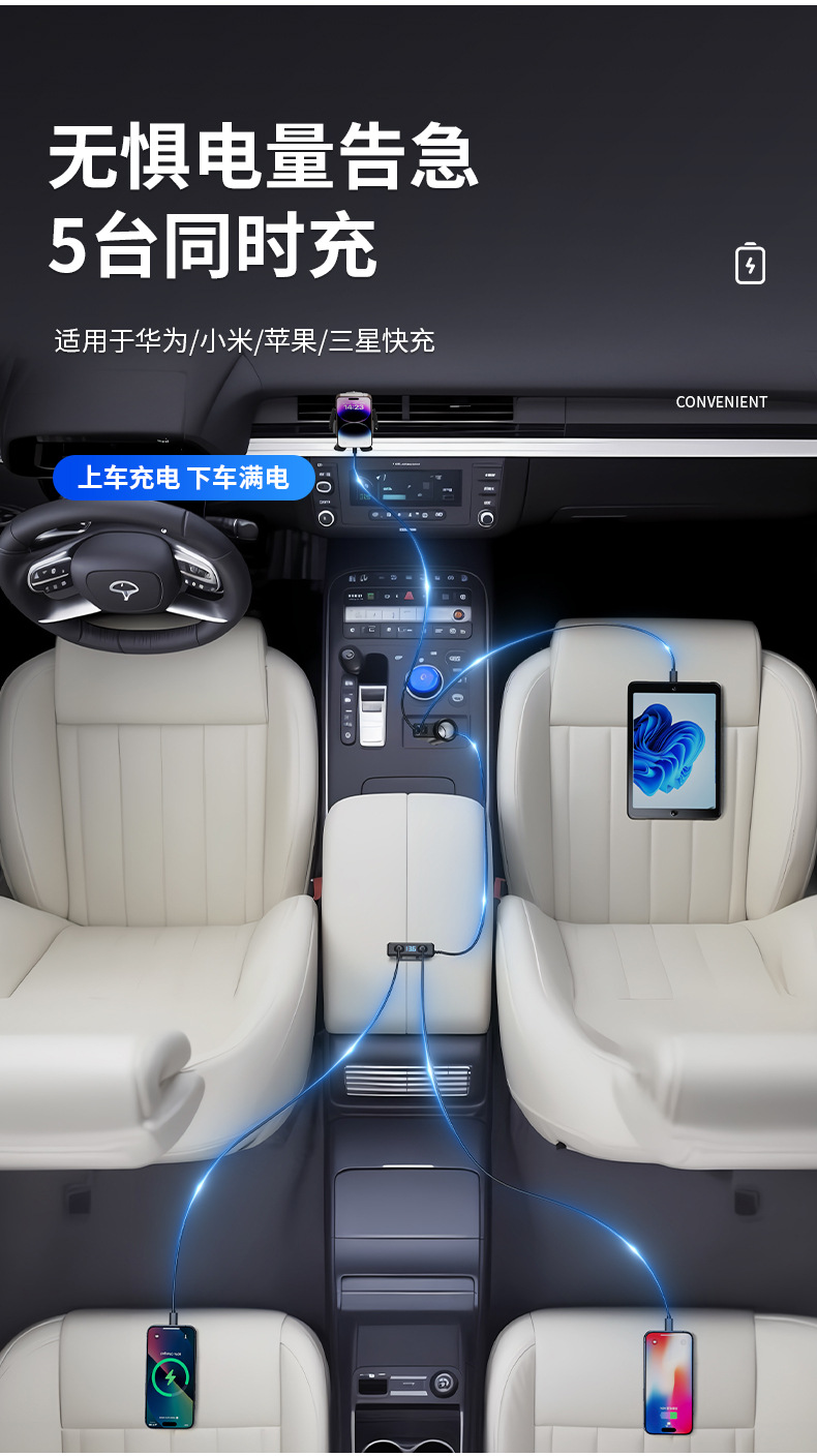 Car Charger 120W Multi-Function Fast Charging 2025 New Model Pd Four-Port USB Digital Display 12V24V High Power