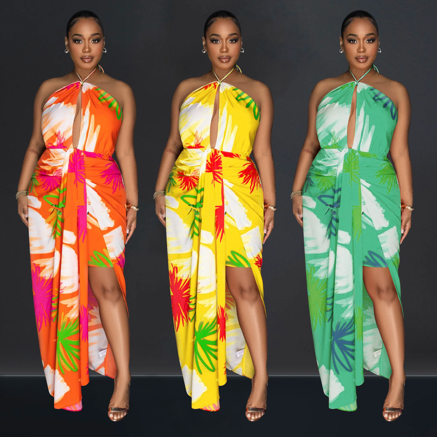 C6921 Aliexpress transfronterizo Amazon estación independiente de moda europea y americana ropa de mujer de espalda descubierta correa impresa vestido largo