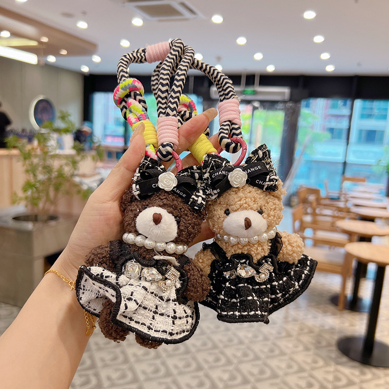 Cartoon plush dress, cute keychain, doll, bag decoration, new collection, Chanel style, with little bears, Birthday gift