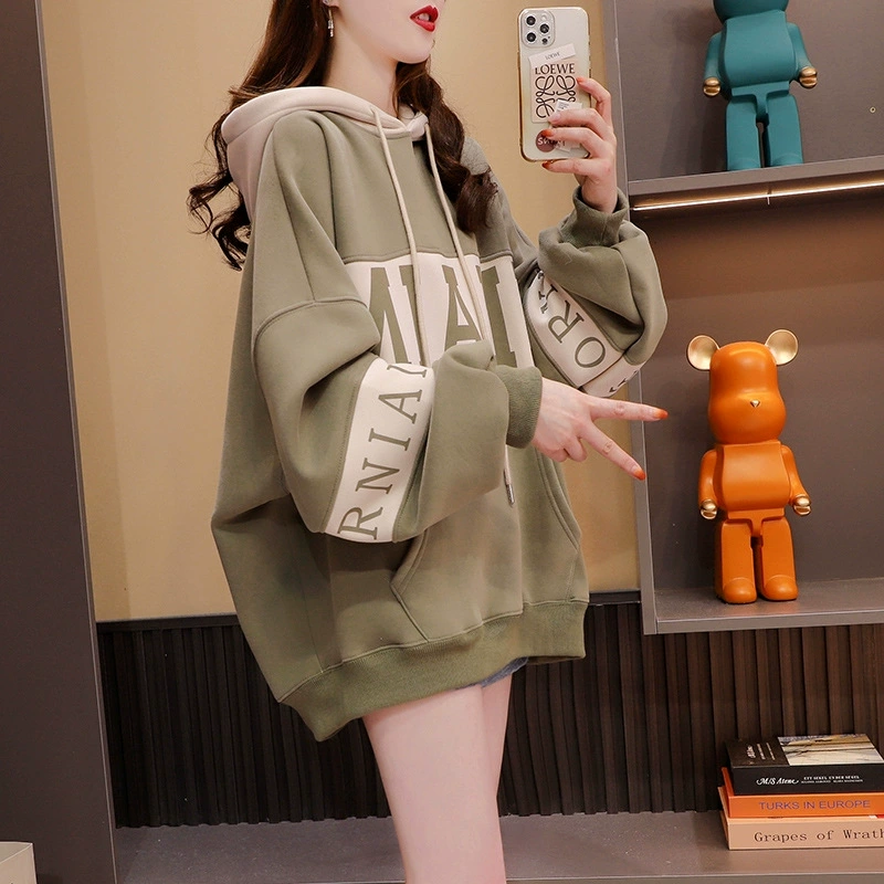 Женская толстовка в корейском стиле с капюшоном, цветные блоки, длинный рукав, свободный крой, большие размеры, новинка 2025 года, модная, для трансграничной торговли в Юго-Восточной Азии