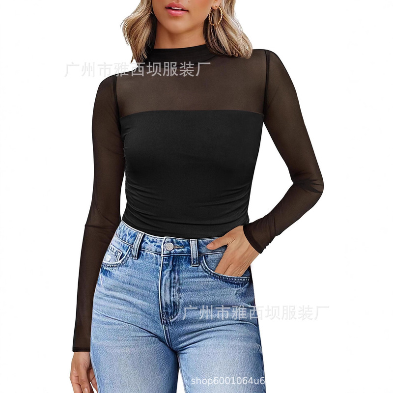 Women's Sexy Mesh Long-Sleeve Shirt, Fashionable High-Neck Transparent Ruched Top for Going Out, Autumn Slim-Fit Clothing Women's Sexy Mesh Long-Sleeve Shirt, Fashionable High-Neck Transparent Ruched Top for Going Out, Autumn Slim-Fit Clothing