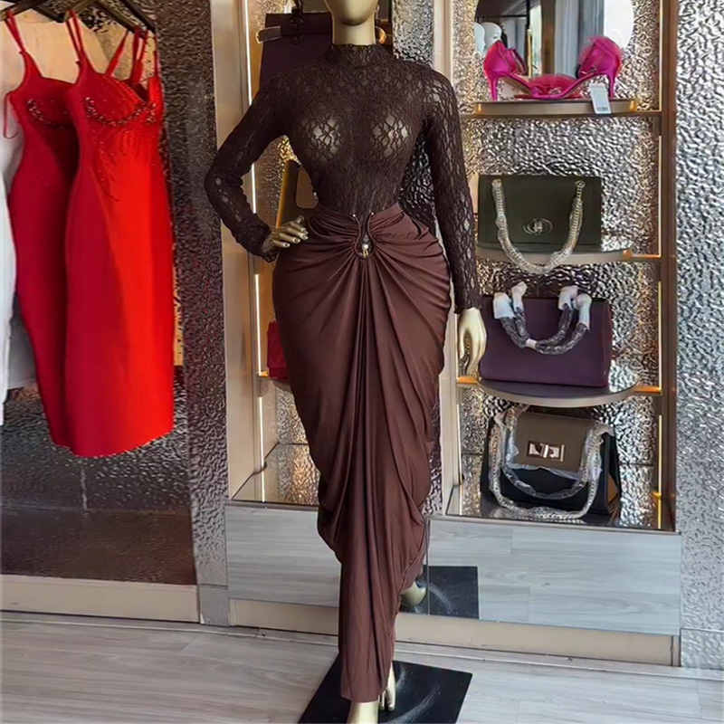 Women's Long-Sleeve Lace Blouse & High-Waist Pencil Skirt Set – Sweet & Elegant Two-Piece Outfit (Coffee, S-Xxl)_voghion.com