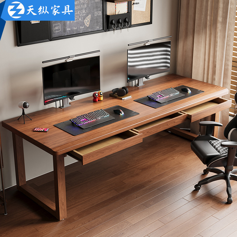 Tianzong American-Style Solid Wood Desk Student Home Computer Desk Desktop Double Gaming Desk Bedroom Office Desk with Drawers