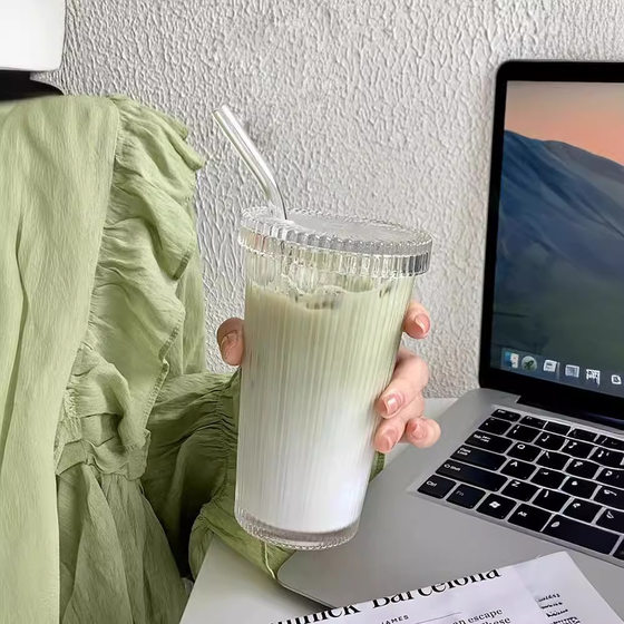 Cross-border Ins Style Simple Vertical Stripe Glass with Lid Suction Tube Cup High Color Value Juice Milk Coffee Beverage Cold Cup