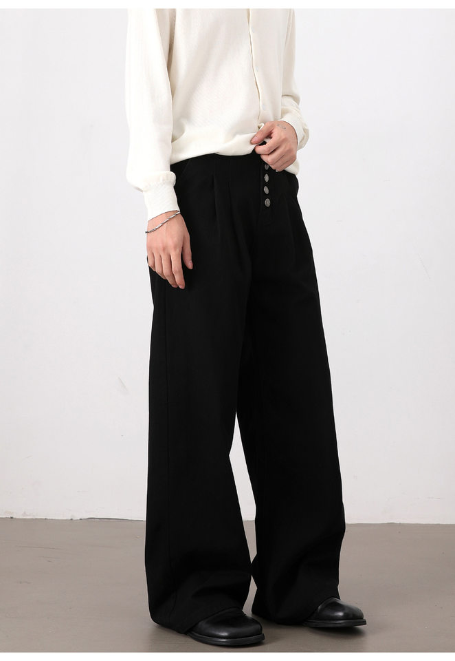 Quần jean nam ống đứng dáng rộng xếp ly đôi cài cúc phong cách retro Mỹ — Màu trắng, màu đen chi tiết 11