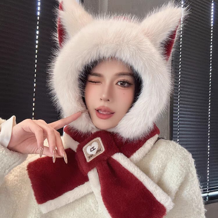 新品狐狸耳朵帽围巾一体帽女款冬季加厚保暖护耳帽时尚百搭帽子|undefined