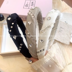 韓國復古高顱頂超閃愛心水鑽布藝發箍 氣質高級鑲鑽頭箍輕奢女