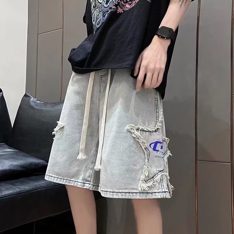 毛边松紧腰抽身牛仔短裤高街男美式街头设计感宽松潮牌休闲五分裤