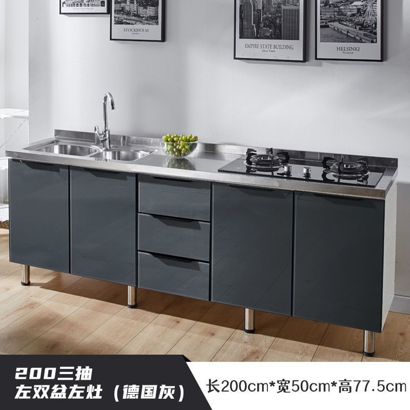 2 meters, three drawers, right stove, left double basin