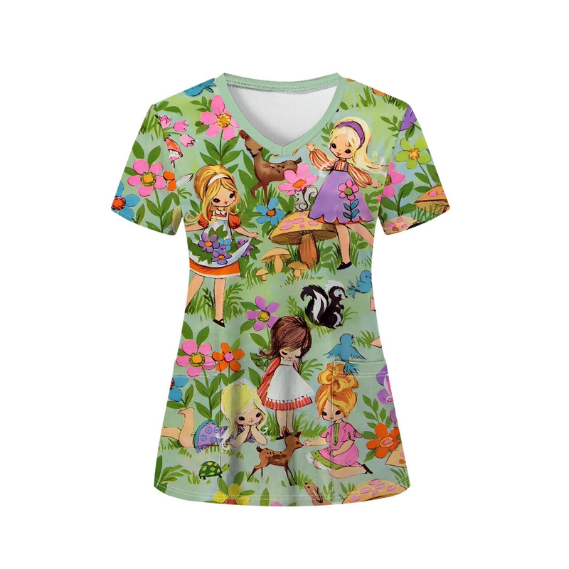 Women's V-Neck Right Shoulder Slim Short-Sleeved Nurse Uniform 3D Digital Printing European and American Cross-Border Ready Stock Summer Versatile Women's V-Neck Right Shoulder Slim Short-Sleeved Nurse Uniform 3D Digital Printing European and American Cross-Border Ready Stock Summer Versatile
