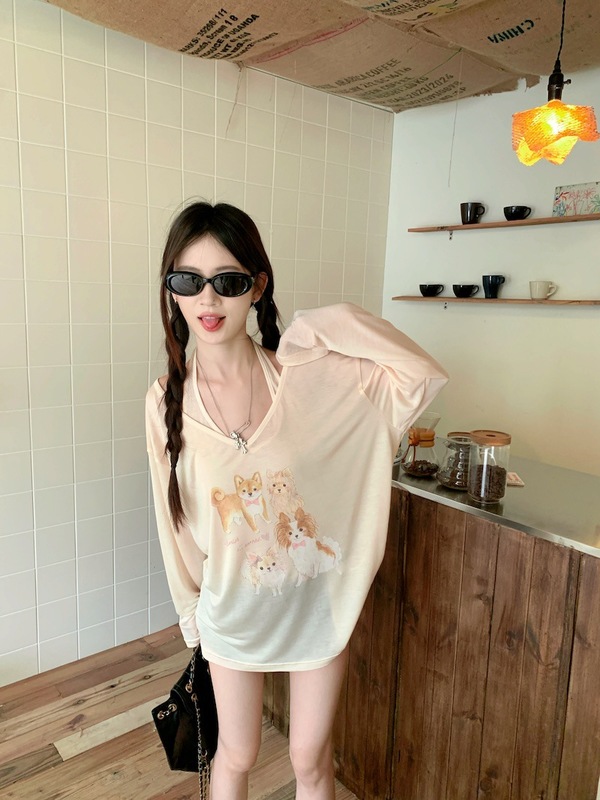 スノーフレークコットンスイートスーツ子犬プリント薄手長袖Tシャツレディース夏インナーホルターネックサスペンダーツーピースセット|undefined