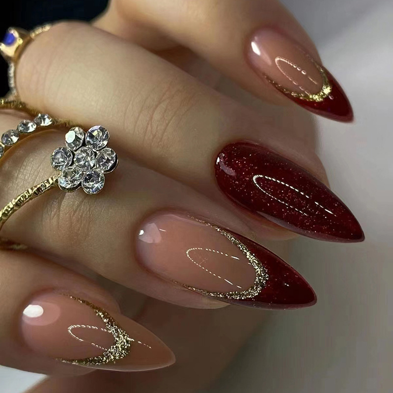 Flash Burgundy New Year's Bride Nail Art Champagne Glitter Almond Armor European and American Sweet Nail Wearable Nail Pieces Flash Burgundy New Year's Bride Nail Art Champagne Glitter Almond Armor European and American Sweet Nail Wearable Nail Pieces