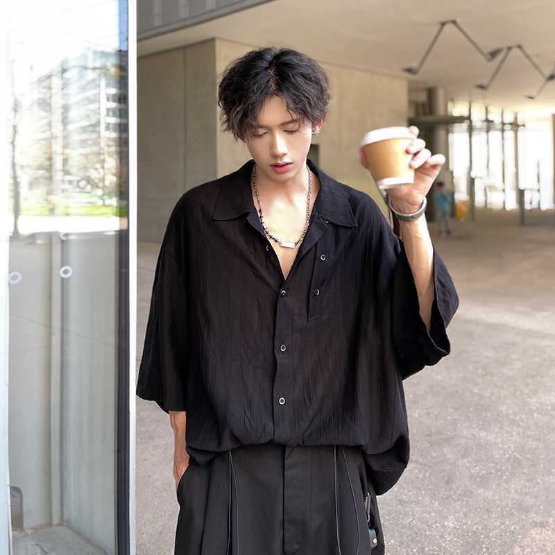 Designer Black Shirt Men's Summer Korean Style Instagram Popular Brand Batwing Sleeve Design Shirt Loose Yipi Handsome Top
