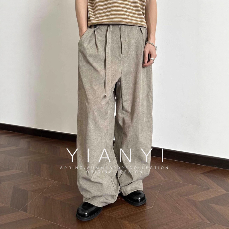 Eme Men's Clothing Spring & Fall Quiet Luxury Khaki Streamer Frost Belt Kendo Pleated Low-Waist Trousers Wide-Leg Casual Pants