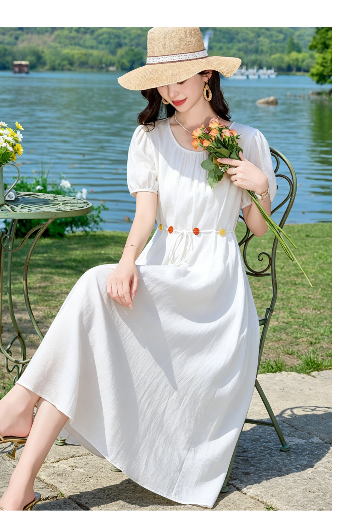 Đầm suông midi cổ V eo thắt dây dáng chữ A tay ngắn — Xanh lông mòng đen, màu trắng, màu vàng chi tiết 26