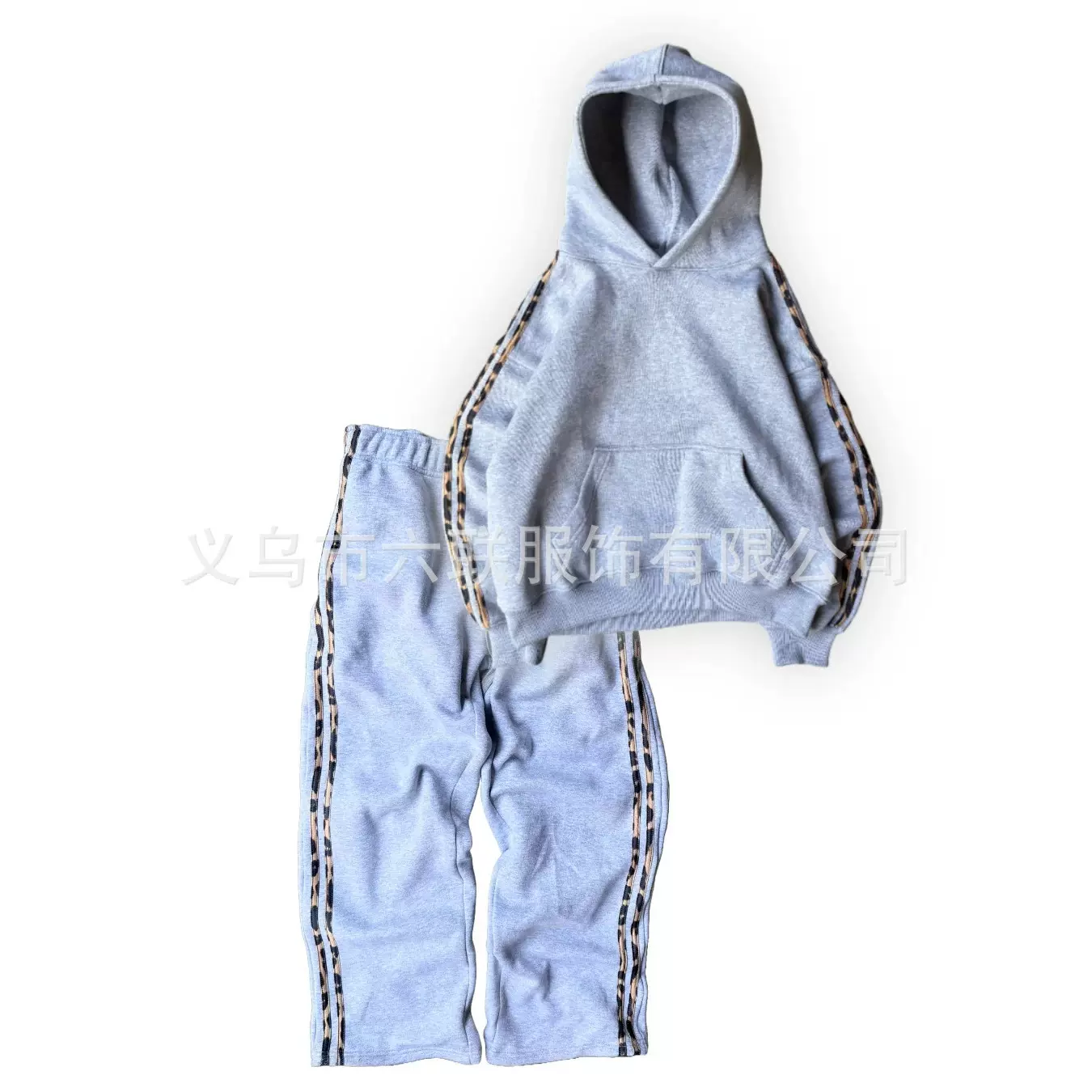 跨境欧美复古侧边条纹连帽衫男街头嘻哈运动裤时尚设计感休闲套装