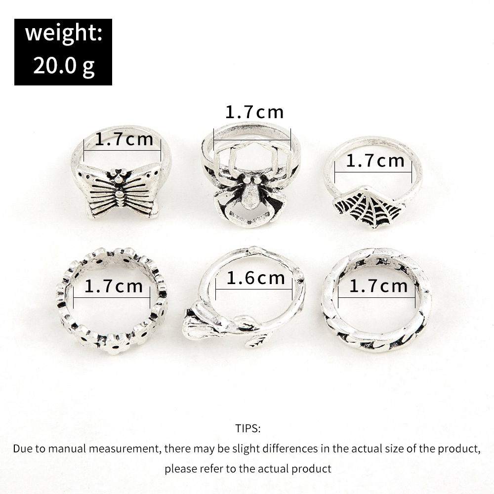 European And American Foreign Trade Female Accessories Personality Trend Spider Web Butterfly Flower Geometric Fashion Retro Ring Six-piece Set display picture 2