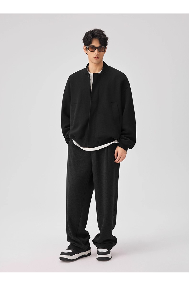 Leichte, luxuriöse Freizeitjacke, gestrickte Baseballjacke für Herren, schwarz, locker geschnitten_voghion.com