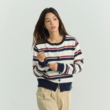 2025秋季复古条纹针织开衫韩系学院慵懒风圆领毛衣外套上衣女