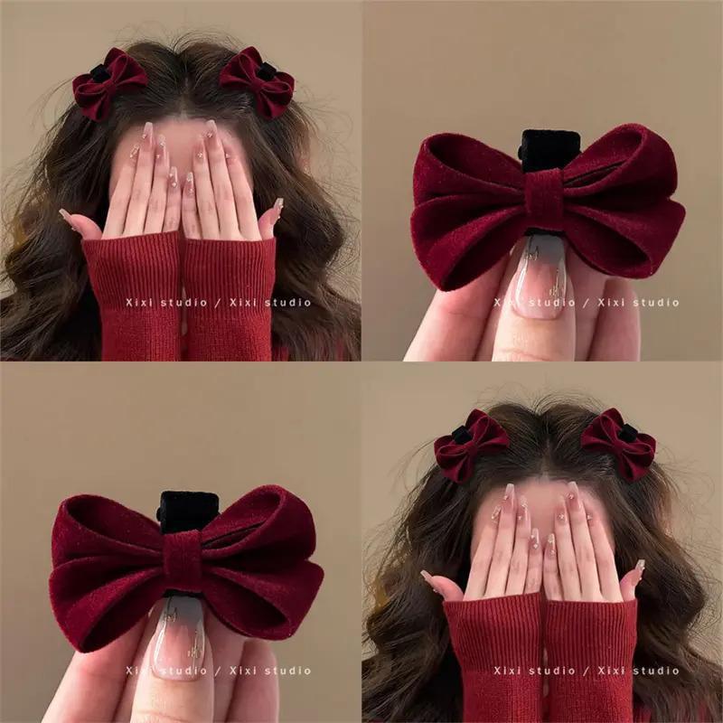 Retro Accent! Flocked Bow Red Bangs Clip, Atmospheric Side Clip Hair Curler Hair Accessory Jx