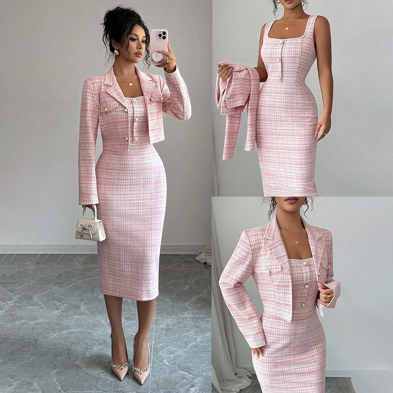 2026 Cross-Border European and American Two-Piece Skirt Suit with Lapel Long-Sleeve Short Plaid Jacket in Chanel Style Blazer Set