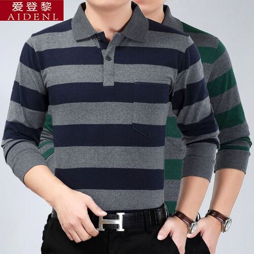【1 Piece/2 Pieces Set】Spring and Autumn Men's Long Sleeve T-Shirt with Collar Striped Loose Base Shirt for Middle-Aged and Elderly Leisure and Health
