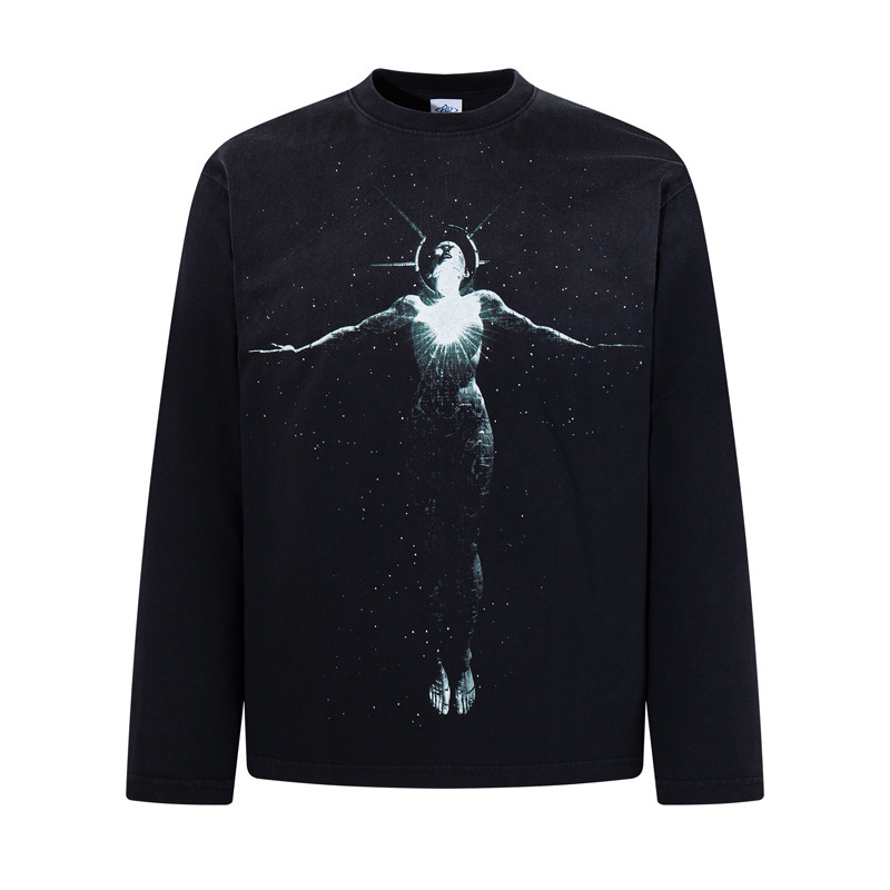 American high street retro distressed long-sleeve T-shirt, unisex style with mysterious aura portrait print, black heavy-weight base shirt