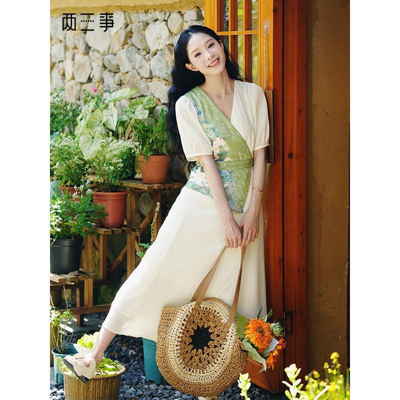 Mint Forest 2025 Summer New Retro Printed Fabric Patchwork Tie-Up V-Neck Long Dress