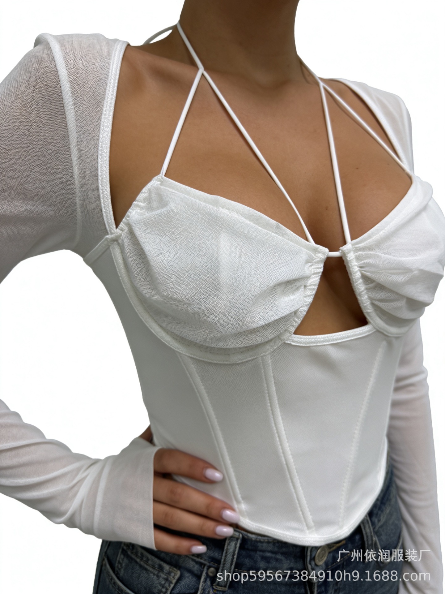 Comercio exterior Europa y Estados Unidos primavera y otoño nuevo chaqueta cuello cuello colgando anillo de acero de hueso de tiburón perspectiva sexy mostrando el pecho malla camisa de manga larga image 7