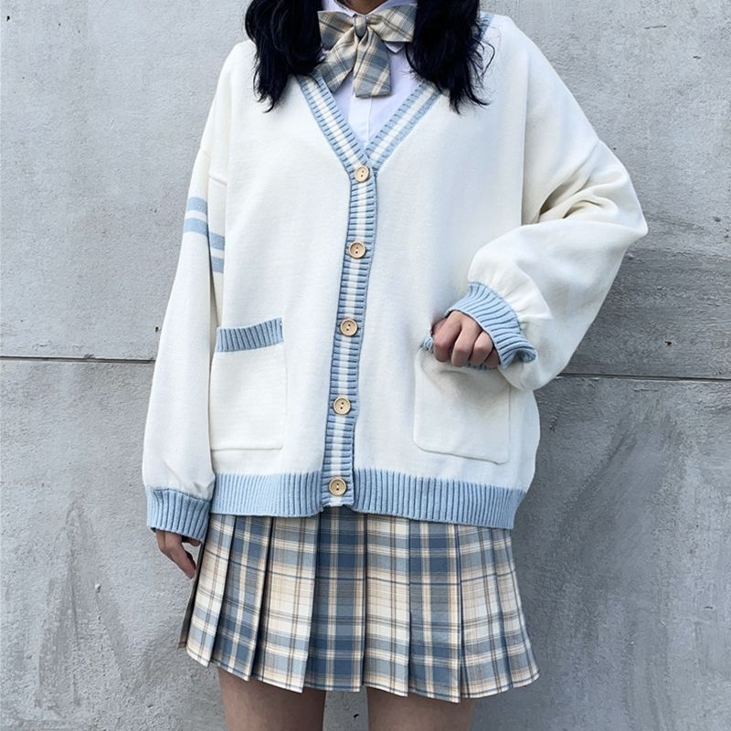 [4 인조 세트] JK 스웨터 카디건 여자 가을 · 겨울 일본 학생 신선한 JK 유니폼 니트 코트 주름 치마