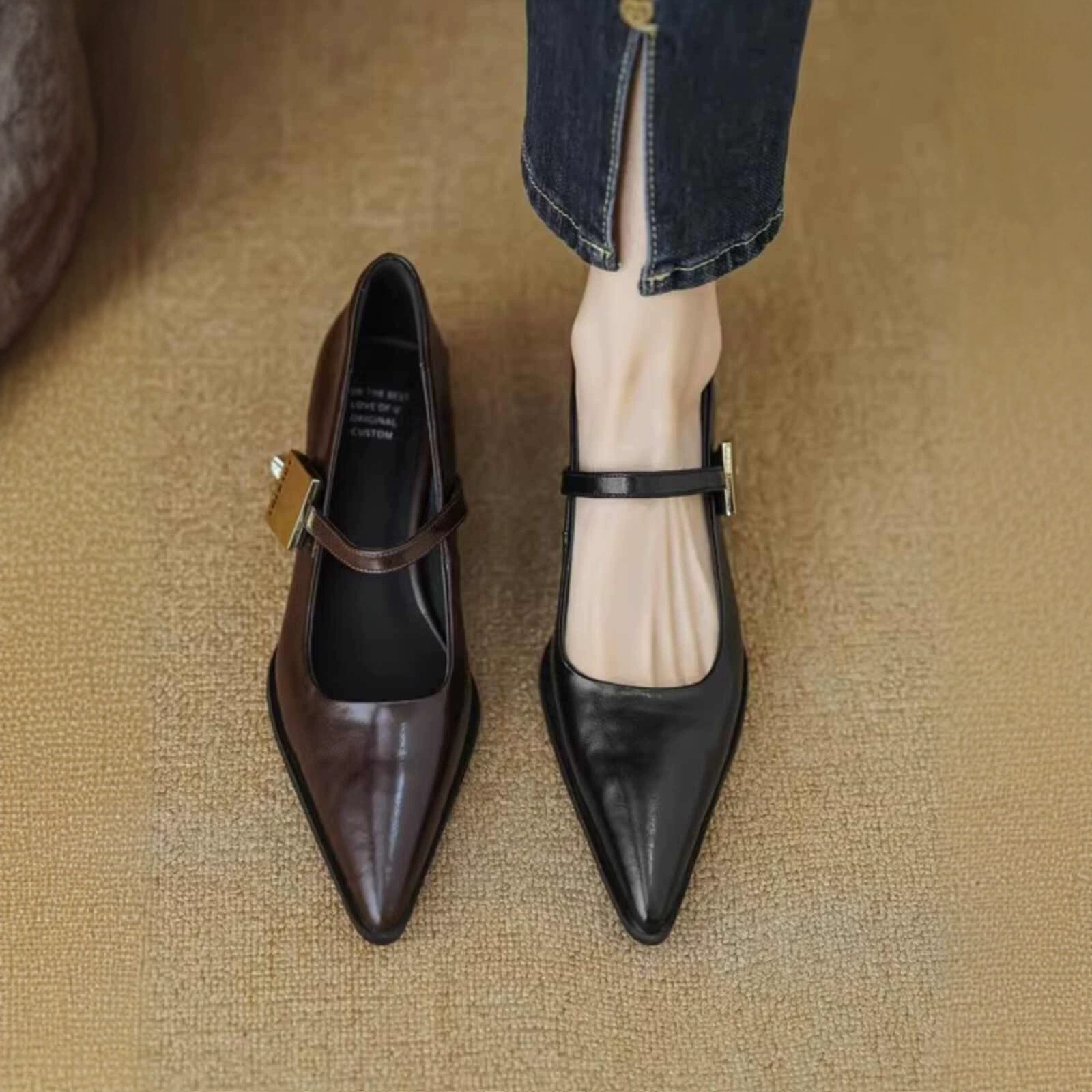 В наличии: 6356 Туфли Мэри Джейн из мягкой кожи во французском ретро-стиле с острым носком и мягкой подошвой, новая коллекция Весна-Осень 2025, элегантные, из мягкой кожи