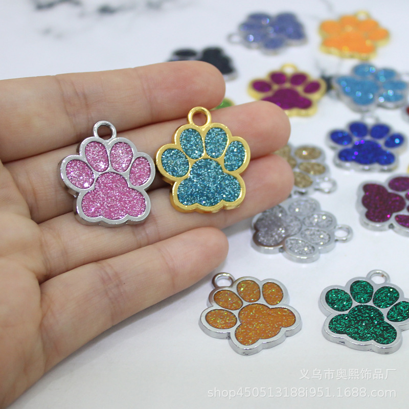 狗脚印宠物吊坠diy饰品 彩色亮粉滴油猫爪金属宠物铭牌吊坠25*27
