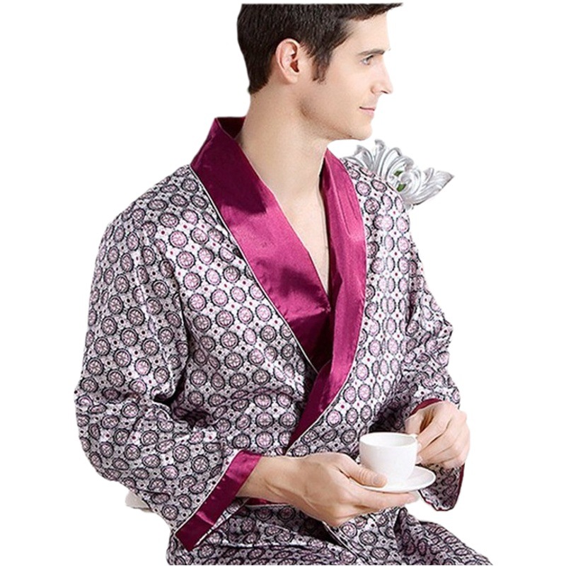 Camisón de seda para el hogar de los hombres de verano Delgado pijama de manga larga de seda artificial para hombres Albornoz de comercio exterior de talla grande