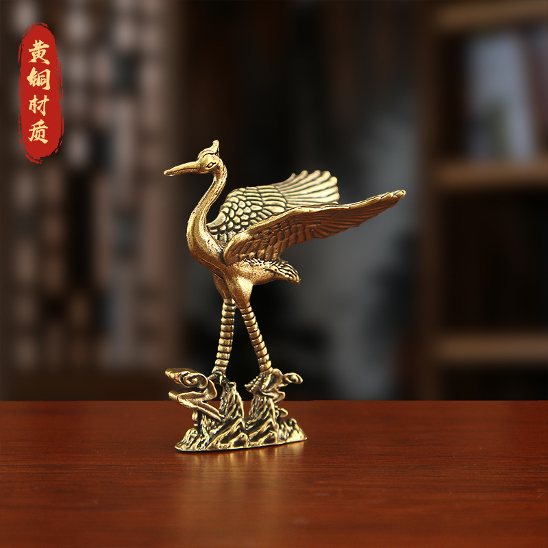 仙鹤黄铜复古摆件展翅桌面玄关装饰品办公室鹤鸟微景观工艺品摆件