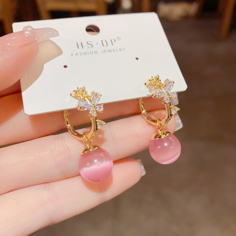 Fashion Gold Copper Inlaid Zirconium Flower Cat Eye Hoop Earrings