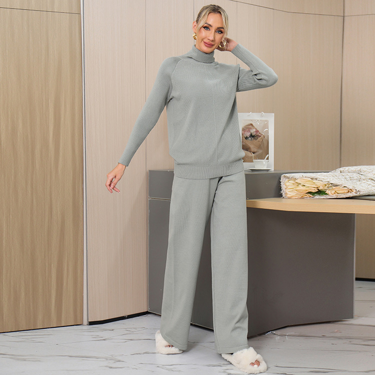 Damen Strickpullover Mit Stehkragen Und Weite Hose Zweiteiler Set_voghion.com