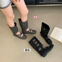 复古皮带扣包头凉靴2025新款平底炸街辣妹芭蕾舞透气镂空靴子