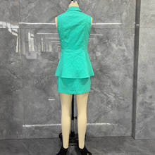 2025欧美跨境INS西装领无袖马甲修身显瘦背心短裙三件套