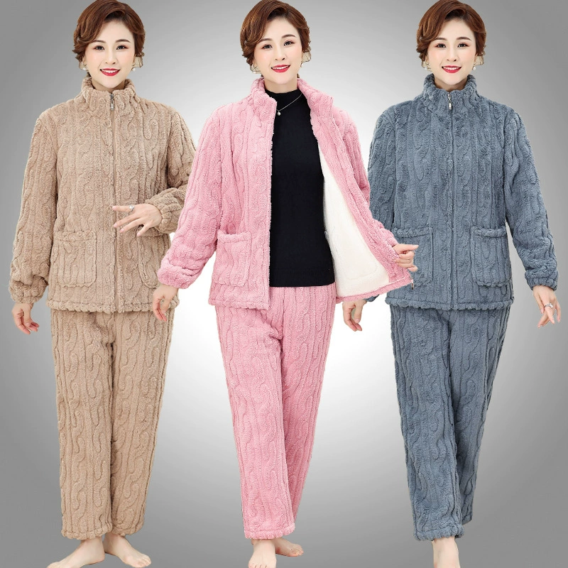 Кардиган для мамы на молнии, Пижама для женщин среднего возраста, осенне-зимний утолщенный теплый фланелевый костюм на флисовой подкладке