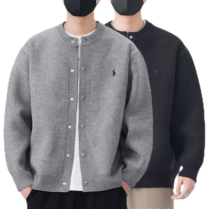 Cross-Border Popular European Size Large Size Embroidered Cardigan Sweater Men's Jacket Turquoise Button Trendy Factory Wholesale