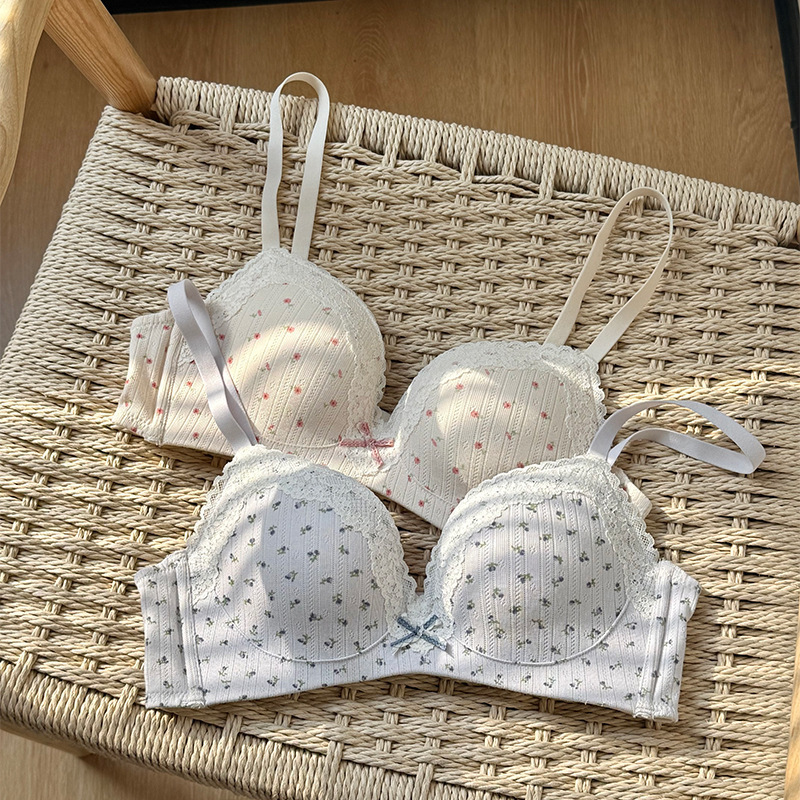 French-Style Sweet and Fresh Floral Bra Without Underwire, Small Chest Gathering, Side Breast Collection, Comfortable and Breathable Bra 2503