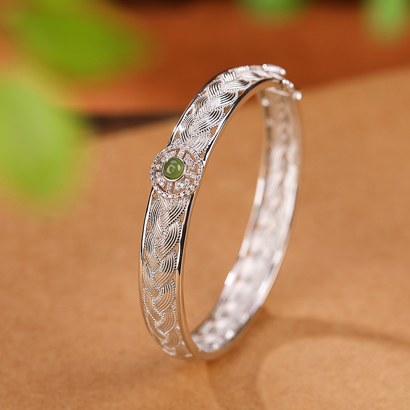 Vòng tay bạc S925 mạ vàng đính ngọc bích Hetian Jasper phong cách hoang dã — Kiểu mạ bạch kim
