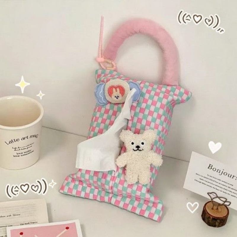 Car tissue box with cream decoration and little white bear design, car tissue holder for seat back, creative hanging tissue storage box