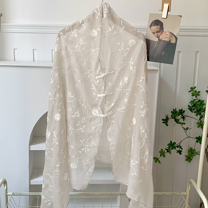 Bordado de alta costura verano nuevo estilo estilo étnico protector solar chal con capucha ocio estilo antiguo fotografía de viaje bufanda de seda fina exterior